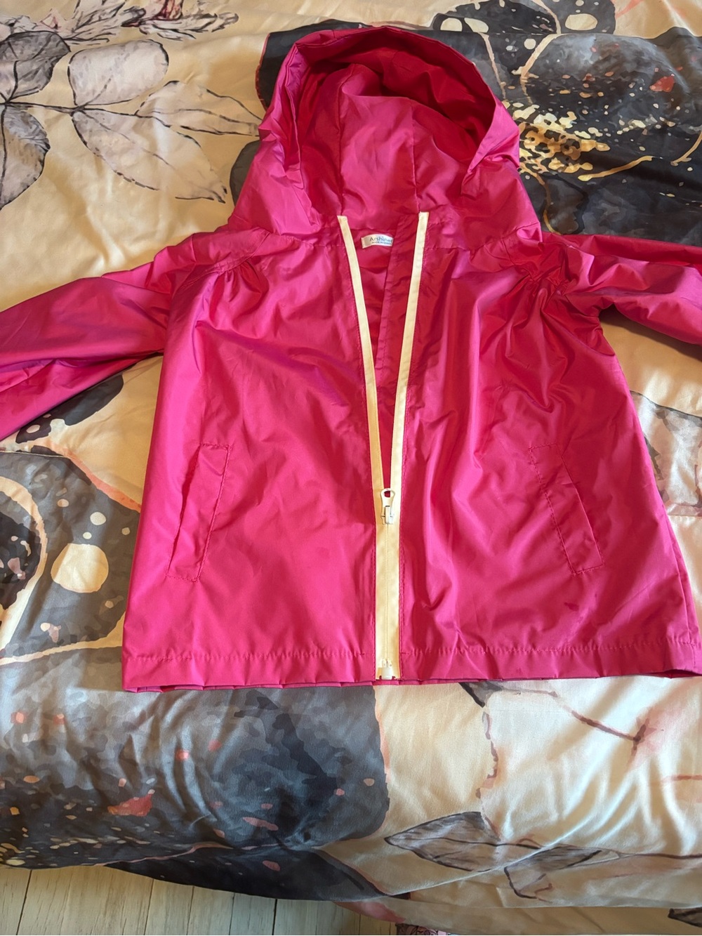 Bright Pink Hooded Lightweight spring Jacket with Cream Zipper